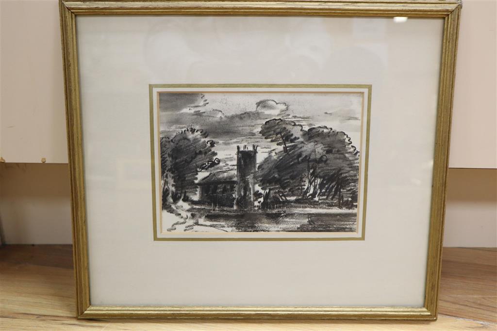 Dr Thomas Monro (1759-1833), charcoal on paper, A church among trees, John Manning label verso, 14 x 19.5cm